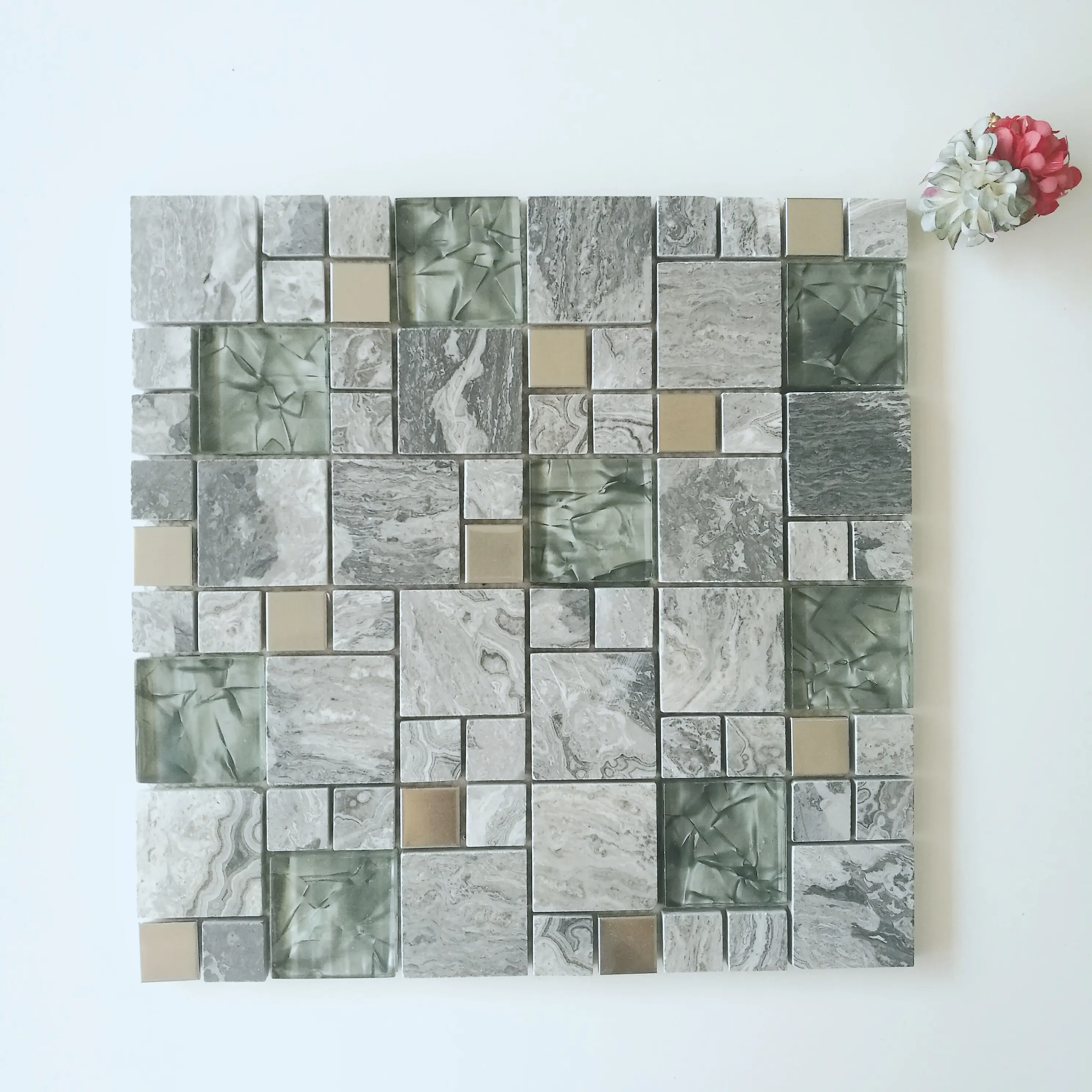 Decorativo Piastrella Argento In Acciaio Inox della miscela di Mosaico Di Vetro Verde della miscela Grigio Marmo