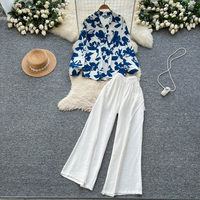 Ensemble deux pièces pour femmes, chemise à manches longues à imprimé décontracté et pantalon large à taille haute pour le printemps et l'été