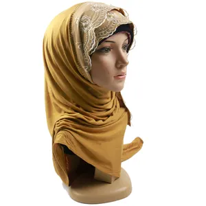 Özel sıcak farklı tasarım aksesuarları streç renk Jersey pamuk inci dantel şal eşarp başörtüsü kış kadınlar için