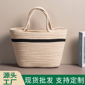 Bolso Tote Tejido de Cuerda de Algodón, Gran Capacidad, Horizontal, Cuadrado, Estilo Minimalista, Uso Diario, Verano 2023 - Product Image 3
