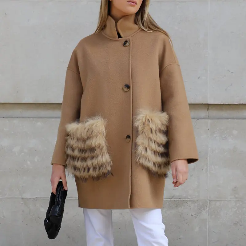 Beige Winter Warm Long Women Genuine Cashmere Wool Coat With Big Fox Fur Pockets