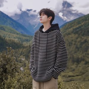 <span class=keywords><strong>Pull</strong></span> tricoté à capuche rayé style japonais patchwork en polyester pour homme et <span class=keywords><strong>femme</strong></span>, style décontracté, coupe ample, design coréen, chaud, automne-hiver - Product Image 5