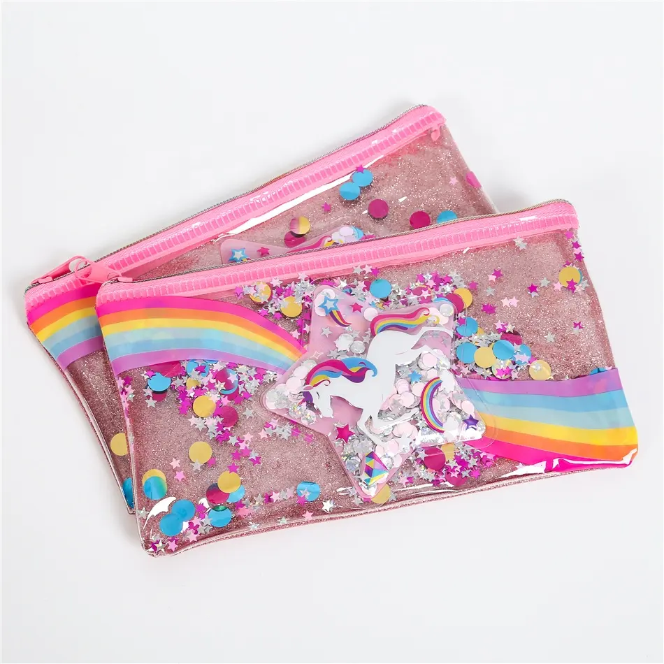 Customized Creative Soft Plastic Pencil Case Glitter PVC Cosmetic Pencil Bag With Zip