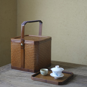 Retro Bamboo Woven <b>Basket</b> <b>Square</b> With Lid Handmade Portable Tea Set Storage Box For Picnic Travel - Product Image 3