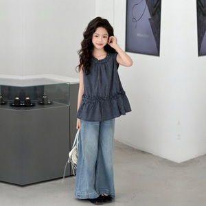 Nouvel ensemble de vêtements d'été pour filles, débardeur sans manches en dentelle à carreaux, pantalon long évasé en jean, <span class=keywords><strong>tenue</strong></span> deux pièces - Product Image 6