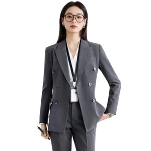 Women's Suit Set Double Breasted Navy Blue Polyester Anti-Wrinkle Office Lady Spring Formal Business Wear Full Sleeve - Product Image 5