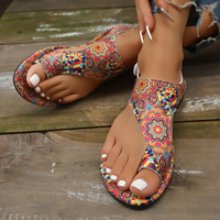 Sandales plates à bout ouvert imprimées style bohème pour femmes, avec fermeture auto-agrippante, chaussures de plage ethniques d'été