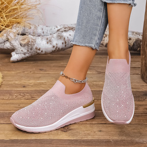 <b>Women</b> <b>Slip</b>-On Mesh Flat Shoes Rhinestone Decorated Lightweight Breathable Cushioning Chunky Sole Walking Style Casual Wear - Product Image 5