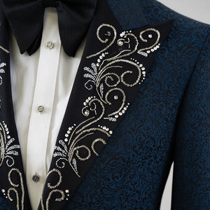 Traje de lujo para hombre, gran oferta, Suite formal con solapa de satén Jacquard azul con cuentas doradas de talla grande y transpirable para hombres - Product Image 5