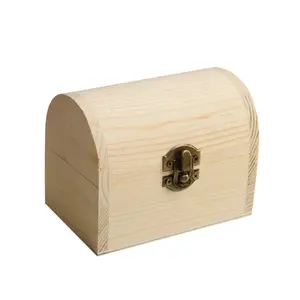 Handmade Unvernish Caixa De Embalagem De Jóias De Madeira De Pinho Arquhado Forma Treasure Chest Box
