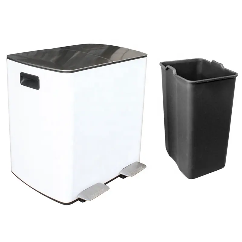 Cubo de basura de acero inoxidable de 60 litros, 2 compartimentos de reciclaje, Pedal de basura