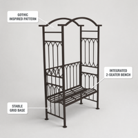 Banc de jardin en fer forgé d'extérieur avec dossier en treillis arqué et décorations sculptées, support pour plantes grimpantes - Durable, imperméable et écologique