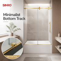 Paroi de douche nordique sans cadre en verre trempé, finition or brillant, avec porte coulissante simple et roulettes dorées lisses pour la maison