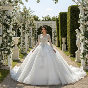 Robe de mariée XS224 en dentelle et sequins, coupe princesse, décolleté cœur, manches longues, traîne chapelle - Robe de mariée personnalisable - Product Image 1