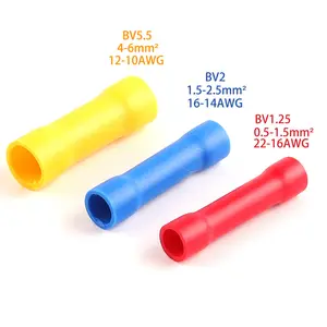 BV1.25 Red BV2 Blue BV5 Yellow PVC Copper Conductor Insulated Straight Wire Butt Connectors Electrical Wire Cable Crimp Terminal