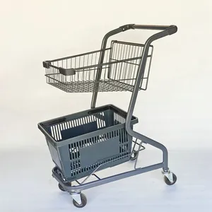 Chariot de supermarché portable en gros 2 couches petit chariot de supermarché en métal