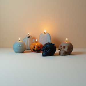 Velas personalizadas de arte de calabaza hechas a mano de estilo nórdico, eslogan, etiqueta personalizada, velas en forma de calavera de Halloween - Product Image 2