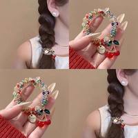 Élastique à cheveux coloré avec pendentif cerise, style doux, attache-queue de cheval, accessoire capillaire pour femme, bracelet en cristal
