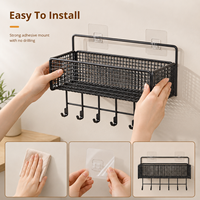 Étagère à épices murale moderne en métal noir avec crochets, amovible, sans perçage, organisateur gain de place pour salle de bain et cuisine