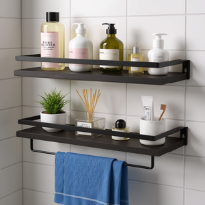 Estante de Baño Moderno DB de 2 Niveles, Montado en la Pared, de Aleación de Aluminio y Acero Inoxidable con Toallero, Color Marrón Oscuro - Product Image 2