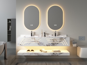 Set Mobile Bagno Moderno a Parete a Doppio Strato in Ardesia, Resistente all'Acqua, con Specchio LED e Lavabo in Ceramica - Product Image 3