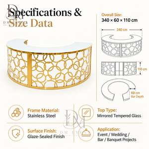 Barra de Bar Redonda Plegable de Acero Inoxidable Dorado y Blanco con Rejilla Floral, Personalizada, Grande, con Tapa de Vidrio Templado Desmontable - Product Image 3