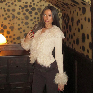 เสื้อแจ็คเก็ตสไตล์ไบค์เกอร์ แขนยาว ทรงเข้ารูป สีพื้น แต่งขนเฟอร์เทียม แบบสั้น รุ่น Y2K สำหรับผู้หญิง - Product Image 3