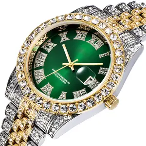 Relógio com brilhante para homens, relógio de diamante para homens, marca de luxo, cheio de gelo, mostrador verde, militar, hip hop, quartzo, relógio de pulso