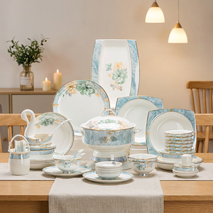 56 58Pcs Luxury Porcelain Dinnerware <b>Set</b> with Gold Rim, Elegant Floral Ceramic Tableware for Home Hotel Wedding - Product Image 5