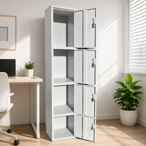 White 4-Compartment Metal <b>Locker</b> with Key Lock and Recessed Handle for Office Storage - Product Image 3