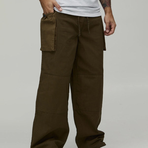 Custom <b>Men</b> <b>Brown</b> <b>Cargo</b> Pants Wide Leg Drawstring Cotton Loose Fit Utility Streetwear <b>Trousers</b> - Product Image 2