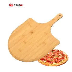 Planche à pizza avec logo personnalisé plateau rond en bois de bambou et d'acacia pour couper et hacher fromage et charcuterie avec poignée