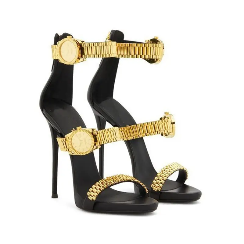 Xinzirain Оригинальная дизайнерская обувь на высоком каблуке золотого цвета с украшением в виде часов с открытым носком элегантные черные летние женские босоножки под платье