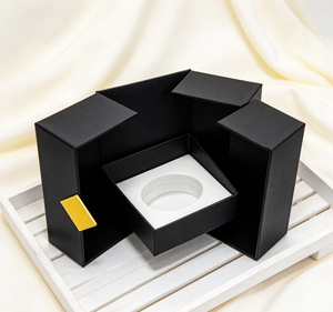 Boîte cadeau écologique haut de gamme noire à double porte avec base en carton rigide, impression quadricolore, fermeture magnétique carrée dorée - Product Image 6