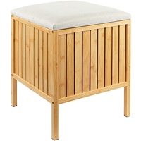 Tabouret de salle de bain en bambou avec panier à linge, panier à linge avec siège rembourré crème |   Usine Homex_BSCI