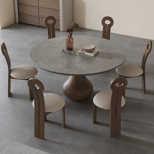 Modern Minimalist Solid Wood <b>Dining</b> <b>Table</b> Round Extendable Stone <b>Top</b> Home Use Italian Style - Product Image 2