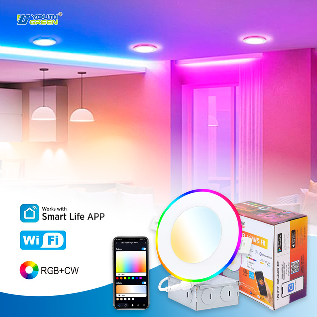 4Inch Smart Slim RGB LED Panel Light APP/WiFi Control 16 Million Colors Dimmable Recessed DIY Ceiling Downlight White Frame