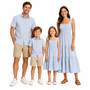 Robe longue à carreaux vichy assortie mère et fille 2026, tailles 2-5 ans et adulte, avec corsage smocké et ourlet étagé en coton doux, pour la vente en gros familiale - Product Image 3
