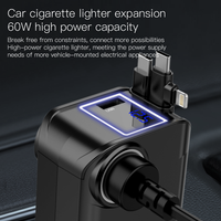 Pengisi Daya Mobil 6 in 1 180W Tipe-C Retractable QC3.0 PD3.0 Pengisian Cepat Layar LED Lampu Ambient Pemantik Rokok