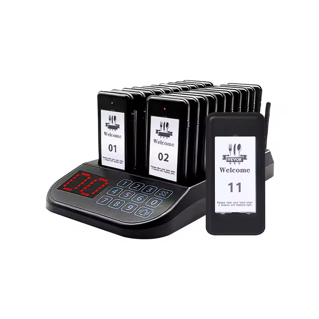 F103 Wireless Restaurant Calling System with Black Touch Panel 20 Beepers Waterproof & 500ft Range for Cafes & Hotels