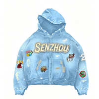 OEM Streetwear Custom Vintage Washed Sun Faded Hoodie Men Oversized Heavyweight Cotton Zipper Jacket Rhinestone Hoodies