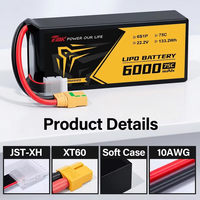 Batterie LiPo 6000 mAh 22,2 V 6S 75C pour drone FPV 7 pouces, cellule Lipo en pochette pour drone longue portée et drone Cinelifter
