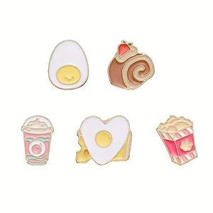 Set di Spille in Metallo Smaltato Morbido a Tema Cibo Carino: Uovo, Rotolo Svizzero, Milkshake, Toast, <span class=keywords><strong>Popcorn</strong></span>. Spilla Kawaii, Distintivo da Bavero in Metallo Dorato, Regalo a Tema Snack. - Product Image 1