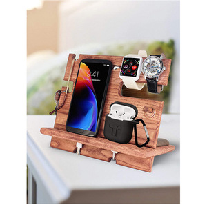 Nightstand Office Desk Key Hooks Holder Wallet Stand Smartwatch Organizer Natural Pine Walnut Wood Phone Docking Station for Men - Product Image 5