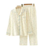 Pyjama pour femmes en coton pur, nouveau style, printemps automne, fin, imprimé, manches longues, style pastoral japonais, double couche devant