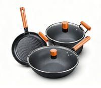 3PCS Set Peralatan Masak Anti Lengket Batu Maifan, Set Panci dan Wajan Dapur dengan Gagang Kayu, Wajan Penggorengan Panci Sup