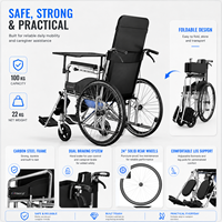 Fauteuil roulant léger entièrement inclinable et pliable en acier au carbone avec coussin en cuir, roues pleines de 24 pouces, frein à main, repose-jambes réglable, cuvette et table