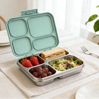 Approvisionnement direct transfrontalier, boîte à lunch en acier inoxydable 304, 4 compartiments, conception d'étanchéité anti-odeurs, compatible micro-ondes, 800-1000 ml
