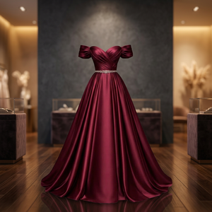 Robe de soirée élégante vintage formelle, coupe évasée, en satin, longueur ras du sol, avec ceinture perlée, pour les fêtes - Product Image 3
