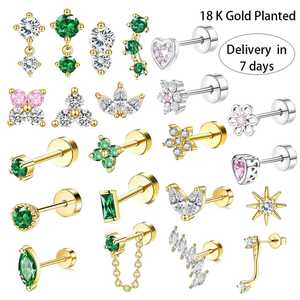 Pendientes de Acero Inoxidable con Baño de Oro de 18K, Zirconia, Latón, Cartílago de la Oreja, Titanio, Tragus, <span class=keywords><strong>Daith</strong></span>, Lóbulo, Parte Trasera Plana, Piercings para Mujer - Product Image 1